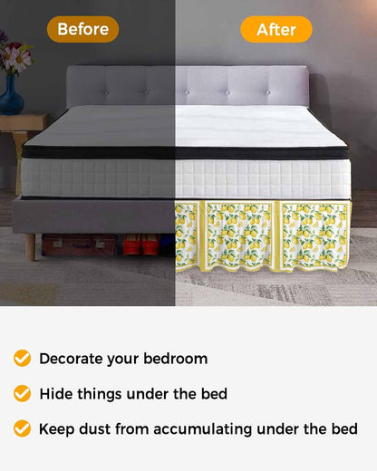 Yellow Lemon Bed Skirt Queen Size 16 Inch Drop, Adjustable Elastic Wrap Around Bed Skirts Easy Fitting Dust Ruffle Bedskirt Bed Frame Cover Summer Watercolor Oil Painting Fruits