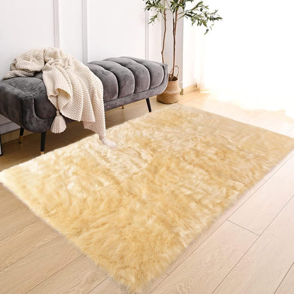 Yellow Rug for Bedroom 3x5 Area Bedside Rug Faux Sheepskin Fur Rugs for Living Room Décor Boho Rugs, Rectangle