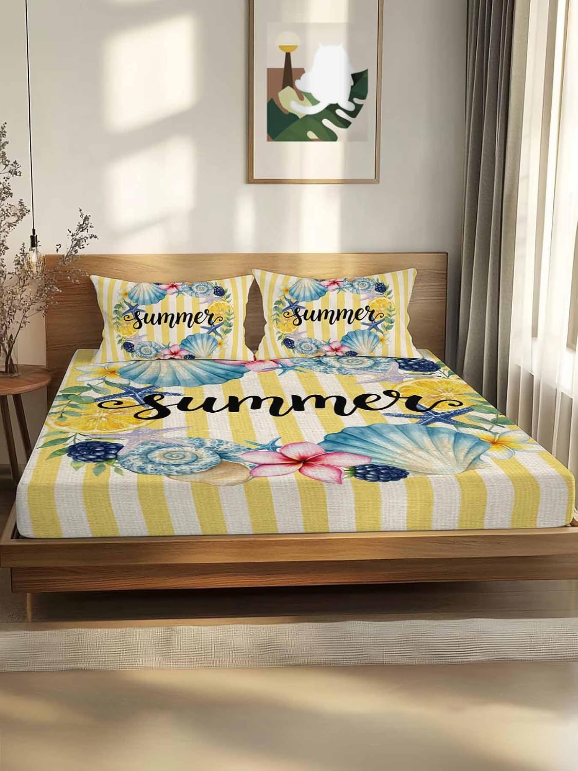 3 Pieces Twin XL Fitted Sheet Set, Summer Sea Stars Shells Lemon Deep Pocket Up to 16", Vintage Yellow Striped Soft Elastic Bed Sheets and Pillow Cases Secure Fit
