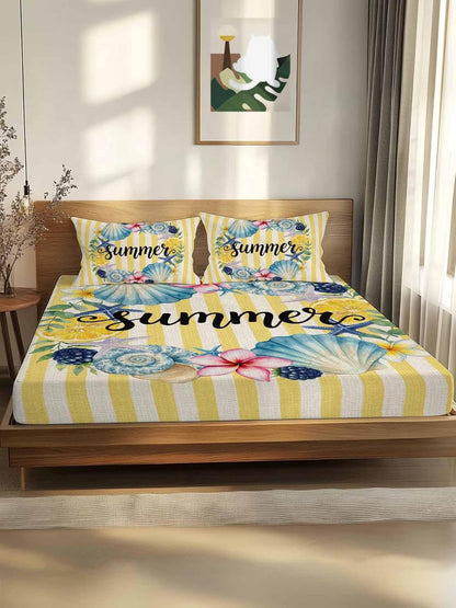 3 Pieces Twin XL Fitted Sheet Set, Summer Sea Stars Shells Lemon Deep Pocket Up to 16", Vintage Yellow Striped Soft Elastic Bed Sheets and Pillow Cases Secure Fit