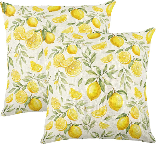 White Base Watercolor Yellow Lemon Linen Throw Pillow Cover 18x18 InchSet of 2 Fresh Farmhouse Decor, No Pillow Insert