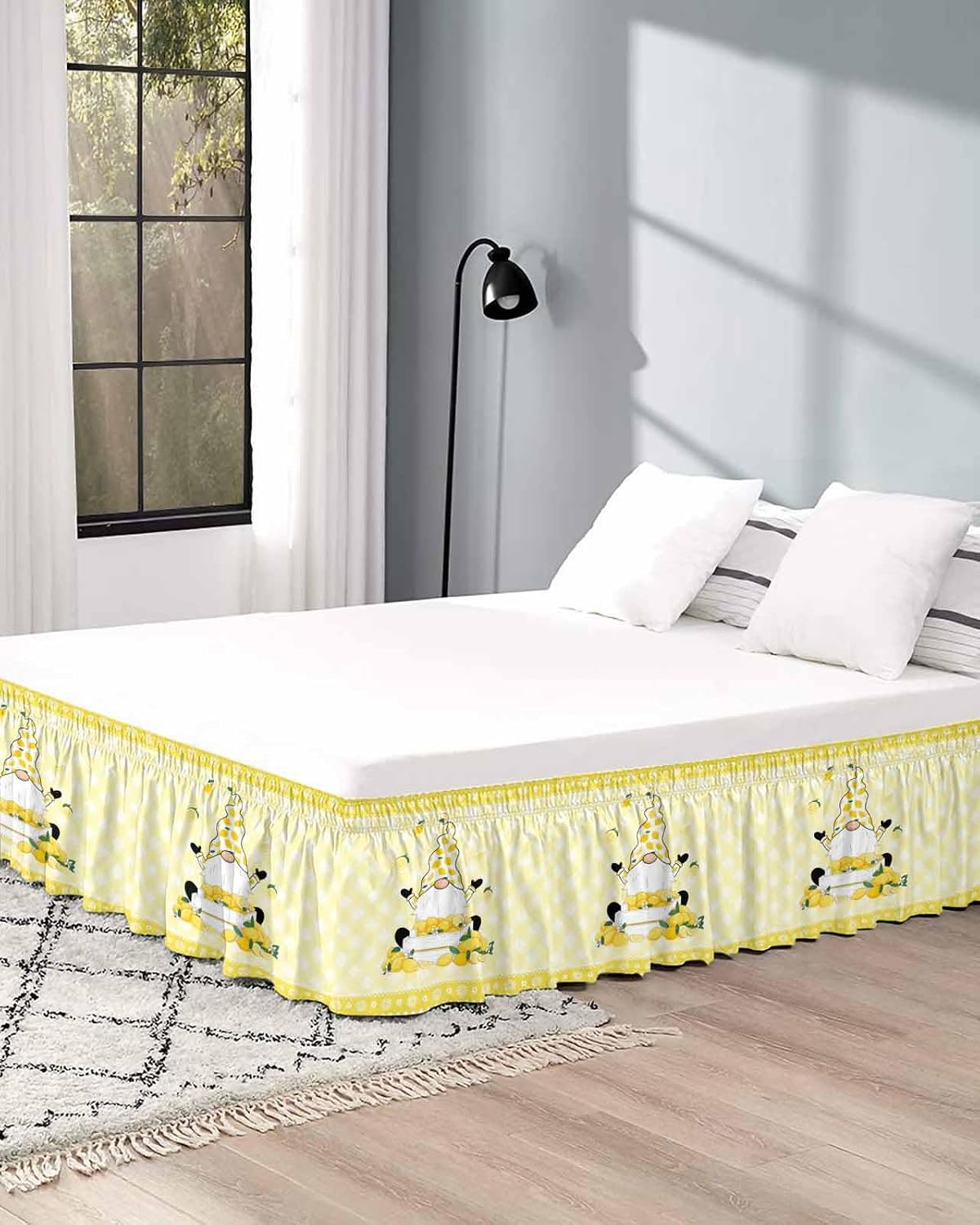 Lemon Gnomes Bed Skirt Queen Size 16 Inch Drop, Adjustable Elastic Wrap Around Bed Skirts Easy Fitting Dust Ruffle Bedskirt Bed Frame Cover Summer Botanical Fruit Leaf Yellow Lattices