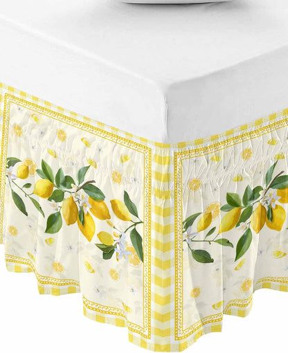 Yellow Lemons Bed Skirt Queen Size 16 Inch Drop, Adjustable Elastic Wrap Around Bed Skirts Easy Fitting Dust Ruffle Bedskirt Bed Frame Cover Summer Botanical Checkered Farmhouse