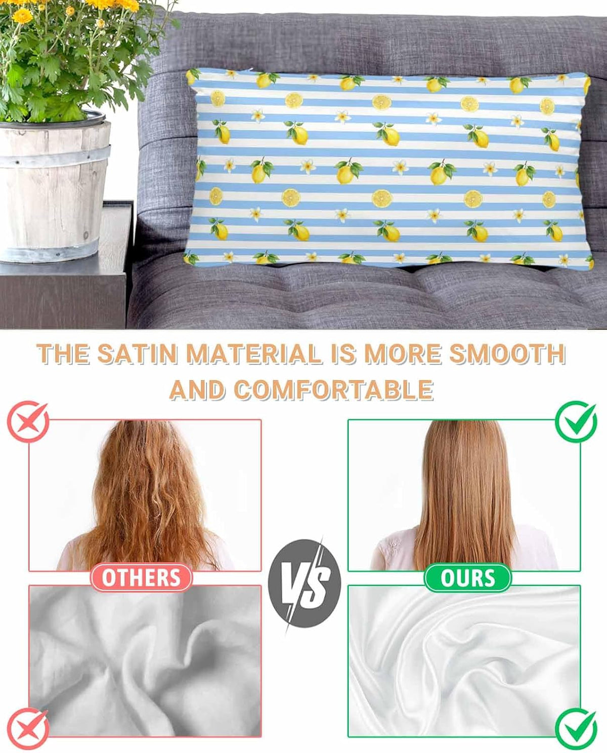 Summer Fruit Satin Pillowcase for Hair and Skin, Yellow Lemon Rustic Flower Plate Blue Stripes Silky Pillow Cases Standard Size with Zipper 1 Pack Soft Cooling Pillow Cover for Women Men, 20''x40''