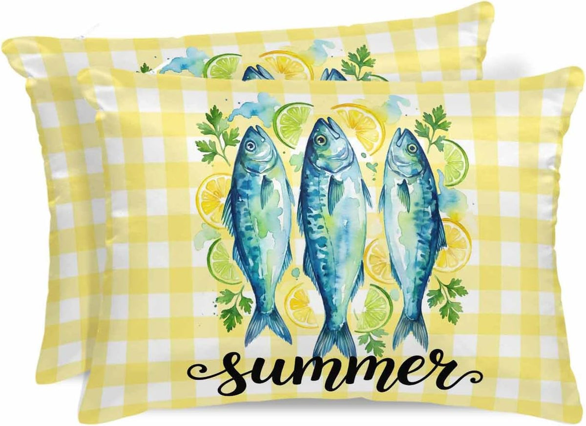 Summer Fish Standard Pillowcase Set of 2, Farmhouse Yellow Lemon Stripes Satin Pillow Case Cover with Smooth Hidden Zipper Closure, Soft Throw Pillow Covers Cases for Home Decoration 20 X 26 Inches