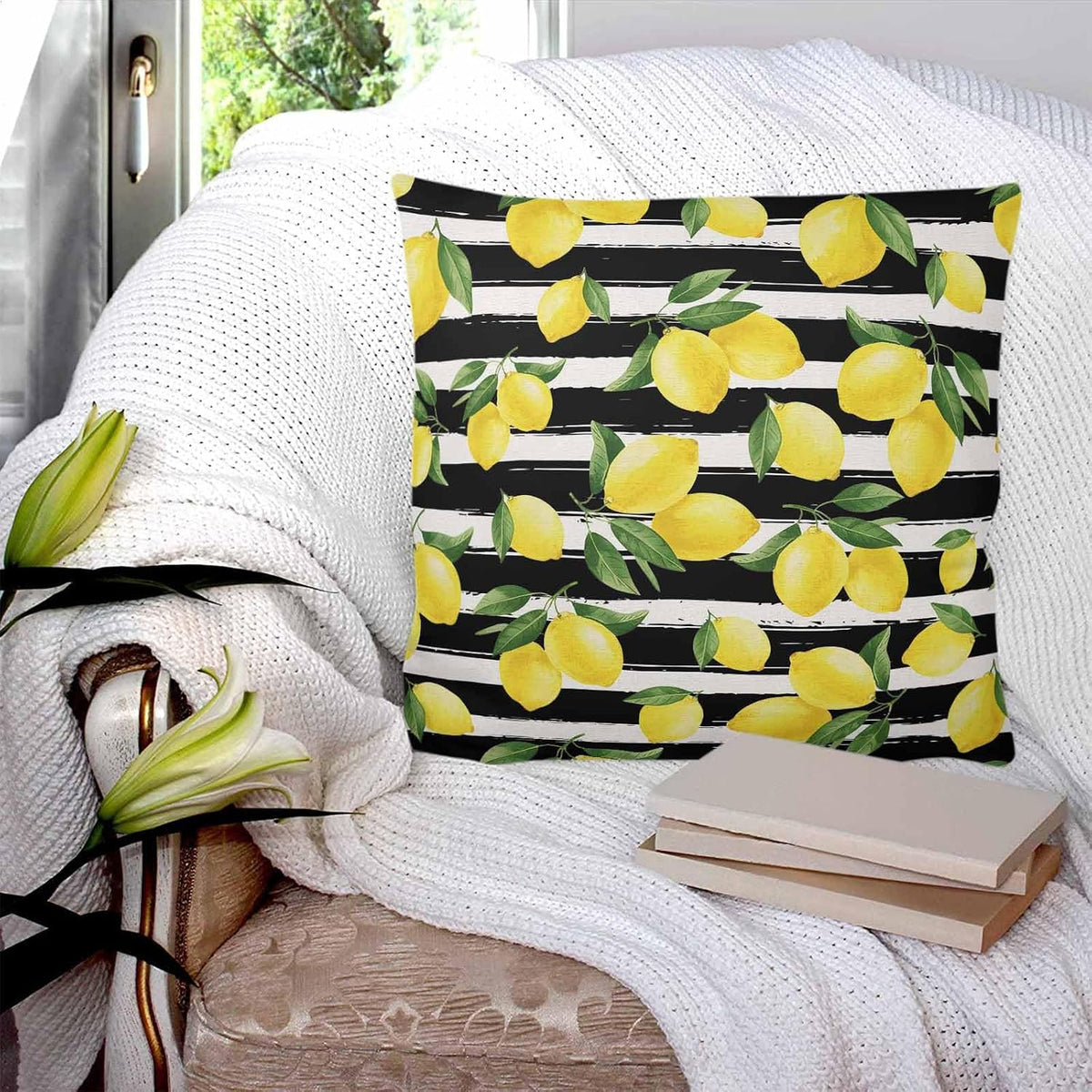 Yellow Lemon 2PCS Throw Pillow Covers for Couch Sofa Bed, Summer Fruit Black Striped Pillow Covers 18x18 inch, Standard Pillowcases Set Decorative Cushion Covers for Living Room Bedroom
