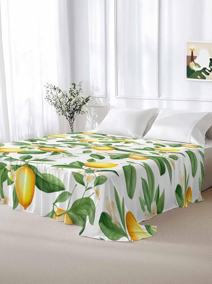 Flat Sheet, 1 Piece Top Sheet Twin Size Yellow Lemon Leaves Soft Breathable Bed Sheet White Floral Brushed Microfiber Bed Sheet, Wrinkle Resistant, Fade Resistant Bedding