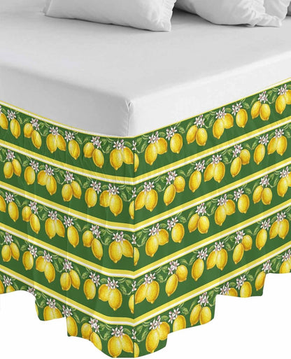 Summer Lemons Bed Skirt Queen Size 16" Drop Yellow Fruit Leaf Striped Green Background Ruffled Wrap Around Bed Skirts Adjustable Elastic Bedskirt Dust Ruffle for Queen King California King Bed