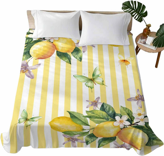 Twin Flat Sheet Only Bed Sheets Lemon Fruits Floral Leaves Microfiber Breathable Bedding Flat Sheet, Yellow Stripes Soft Top Sheets for Bedroom Living Room Sofa