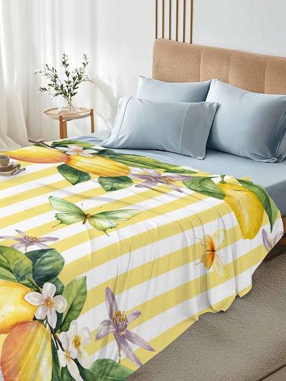Twin Flat Sheet Only Bed Sheets Lemon Fruits Floral Leaves Microfiber Breathable Bedding Flat Sheet, Yellow Stripes Soft Top Sheets for Bedroom Living Room Sofa