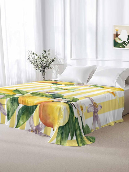 Twin Flat Sheet Only Bed Sheets Lemon Fruits Floral Leaves Microfiber Breathable Bedding Flat Sheet, Yellow Stripes Soft Top Sheets for Bedroom Living Room Sofa