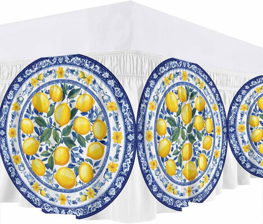 Bed Skirt Yellow Lemons Navy Blue Floral Texture Ruffle Bed Skirt Wrap Around Bed Skirts for Queen Beds 16" Drop,Adjustable Elastic Dust Ruffles Easy Fit and Wrinkle-Free