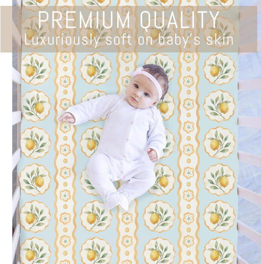 Vintage Yellow Lemon Baby Crib Sheets for Boys Girls Pastel Lemons Flowers Leaves Soft Snug Fitted Crib Mattress Covers for 52''x28'' Standard Crib & Toddler Mattress Summer Fruits Floral Bed Sheets
