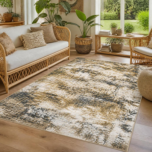 Yellow and Grey Area Rug 5x7, Contemporary Abstract Rugs Washable Non Slip Distressed Modern Carpet for Living Room Bedroom