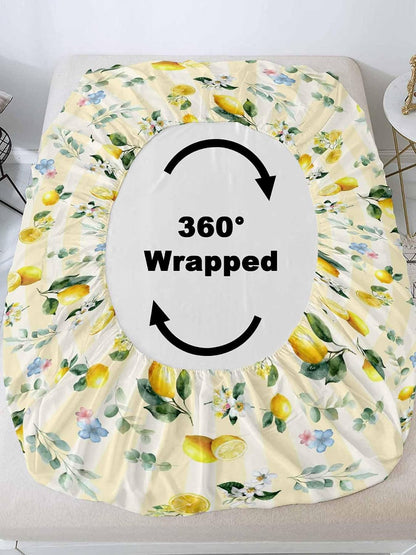 3 Pieces Twin Fitted Sheet Set, Summer Lemon Leaves Flower Deep Pocket Up to 16", Watercolor Yellow Stripes Soft Elastic Bed Sheets and Pillow Cases Secure Fit