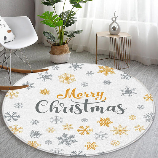 Winter Snowflake Round Area Rug Yellow Gray Snowflake Merry Christmas Happy Holiday for Entryway Living Room Bedroom Home Decor 2ft
