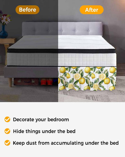 Yellow Lemon Bed Skirt Queen Size 16 Inch Drop, Adjustable Elastic Wrap Around Bed Skirts Easy Fitting Dust Ruffle Bedskirt Bed Frame Cover Watercolor Leaf Floral Green White Modern