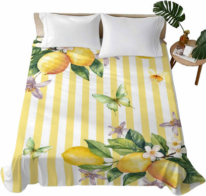 Flat Sheets Queen Size Bedding Sheet,Lemon Fruits Floral Leaves Soft Microfiber Breathable Top Sheets for Bedroom Hotel Luxury-1 Bed Flat Sheet Only,Yellow Stripes