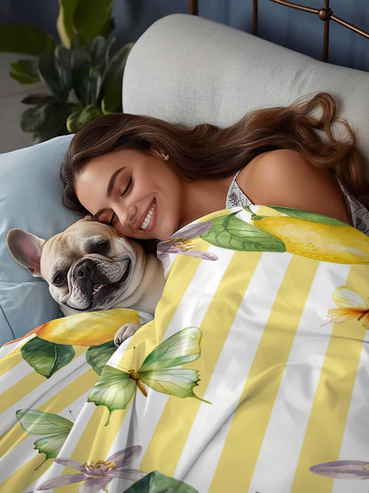 Flat Sheets Queen Size Bedding Sheet,Lemon Fruits Floral Leaves Soft Microfiber Breathable Top Sheets for Bedroom Hotel Luxury-1 Bed Flat Sheet Only,Yellow Stripes