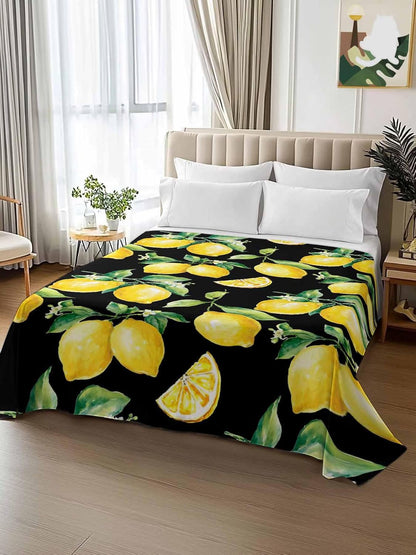 Twin Flat Sheet Only, Summer Lemon Fruit Floral Top Sheet Breathable Soft Brushed Polyester Microfiber Bed Sheets, Yellow on Black Hotel Luxury Bedding Sheets for Women,Men,Teens