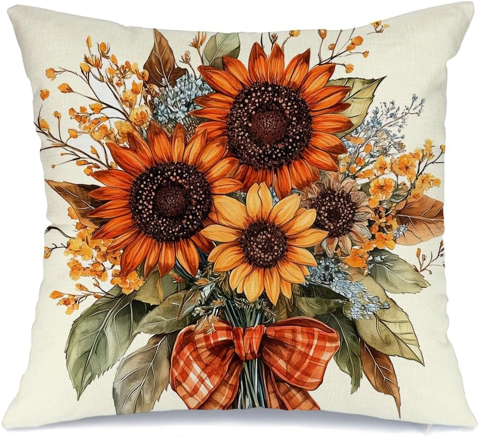 Fall Pillow Cover 18x18 Inch Sunflower Decor Floral Farmhouse Seasonal Pillow Case Decorations for Home Sofa Couch