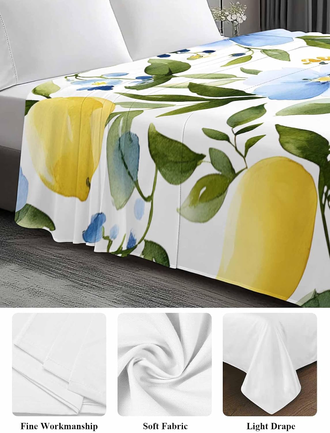 Twin Flat Sheet Only,Watercolor Lemon Floral Leaves Top Sheet Breathable Soft Brushed Polyester Microfiber Bed Sheets,Yellow Blue White Hotel Luxury Bedding Sheets for Women,Men,Teens