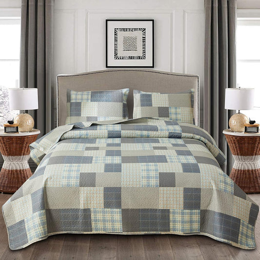 Grey Blue Yellow Bedding Plaid Quilt Full/Queen Size Summer Patchwork Quilts Lightweight Soft Breathable Check Bedspread Gingham Bedding Checker Pattern Coverlet Bed Cover Set Geometric Home Decor