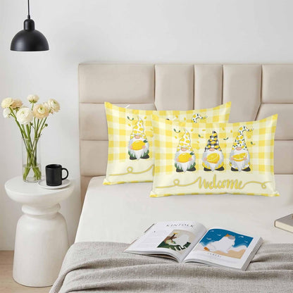 Vintage Fruit Gnomes Standard Pillowcase Set of 2, Summer Lemon Yellow Buffalo Satin Pillow Case Cover with Smooth Hidden Zipper Closure, Soft Throw Pillow Covers Cases 20 X 26 Inches