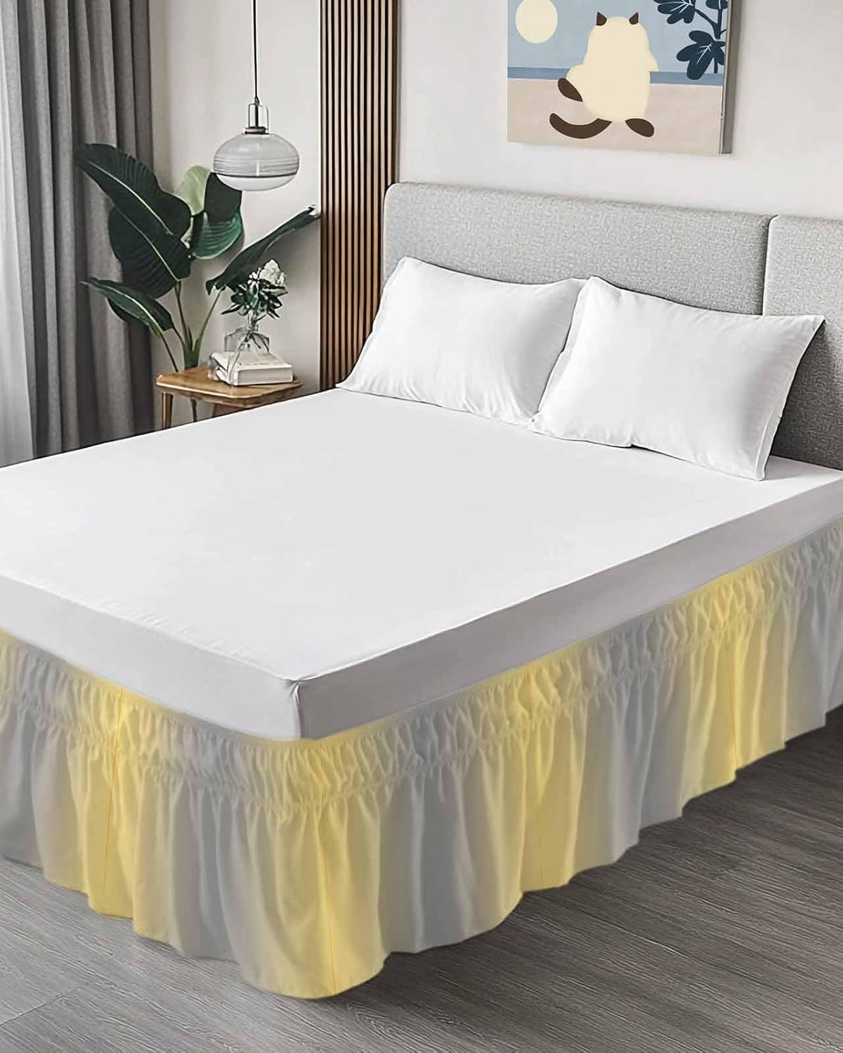 Ruffle Wrap Around Bed Skirts for Queen Beds 16" Drop Ombre Abstract Gradient Lemon Yellow and Gray Adjustable Elastic Ruffled Bed Skirt Pleated Luxury Dust Ruffles