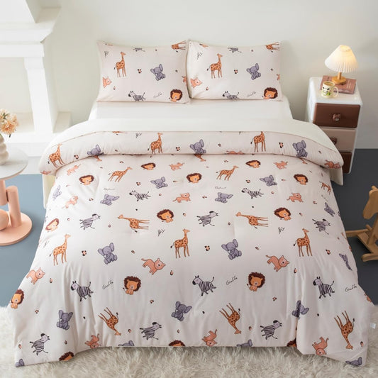 5 Pieces Twin Size Comforter Sets Cute Zoo Animals Bedding Set Neutral Bed Set Light Yellow Bed in A Bag for Girls Boys Kids Teen 1 Comforter 1 Flat Sheet 1 Fitted Sheet 2 Pillowcases