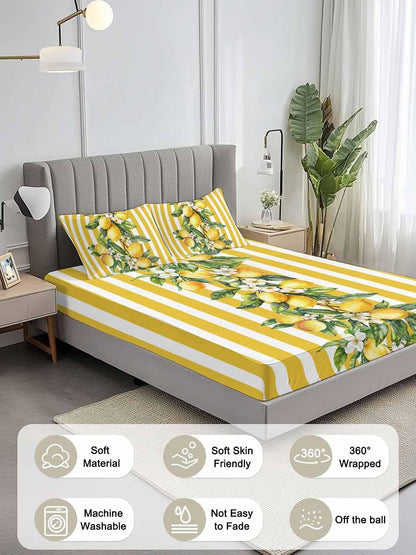 3 Pieces Twin Fitted Sheet Set, Watercolor Summer Farm Lemon Leaves Deep Pocket Up to 16", Yellow Stripe Soft Elastic Bed Sheets and Pillow Cases Secure Fit