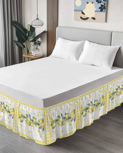 Yellow Lemon Wrap Around Bed Skirt Queen Size, Dust Ruffled 16 Inch Tailored Drop with Adjustable Elastic Belt Pleated, Summer Botanical Plaid Elegant Pastoral Luxury Bedding Skirts for Bedroom