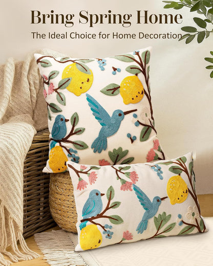 Embroidered Lumbar Pillow Cover 20x12 Inch, Bird Lemon