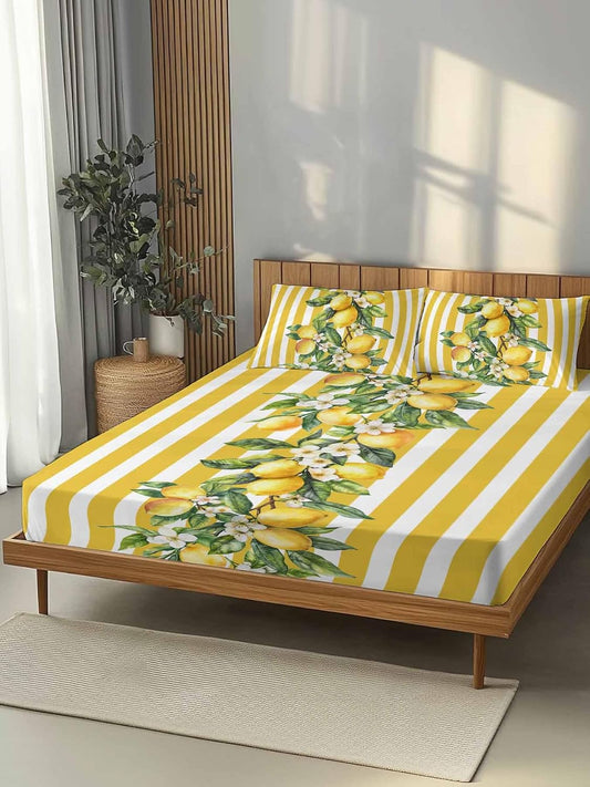 Yellow Lemon Stripes Full Sheet Set Deep Pocket Fitted Sheet Sets Soft Breathable Floral Fruit Leaves Sheet & Pillowcase Sets 3 Pieces Bed Sheets with Elastic Band Fits Mattress