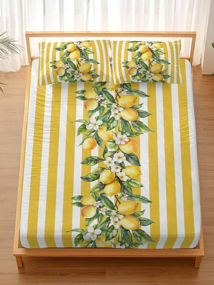 Yellow Lemon Stripes Full Sheet Set Deep Pocket Fitted Sheet Sets Soft Breathable Floral Fruit Leaves Sheet & Pillowcase Sets 3 Pieces Bed Sheets with Elastic Band Fits Mattress