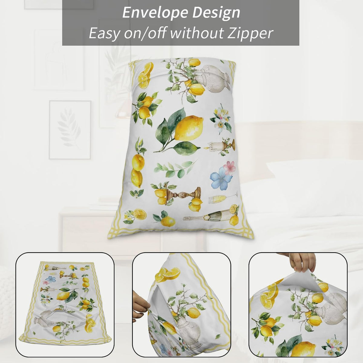 Pillow Cases Standard Size Set of 2, Boho Lemons Breathable Microfiber Pillow Covers with Envelope Closure, Summer Yellow Fruits Flowers Leaf Stripe Luxurious Bed Pillowcases, 20x26 Inch
