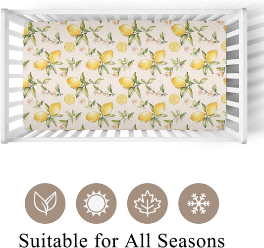 Vintage Lemon Floral Pink Baby Crib Sheet for Boys & Girls 52x28x9 in Yellow Lemons Wildflowers Leaves Baby Sheet for Standard Crib and Toddler Bed Mattress Summer Fruit Bed Mattress