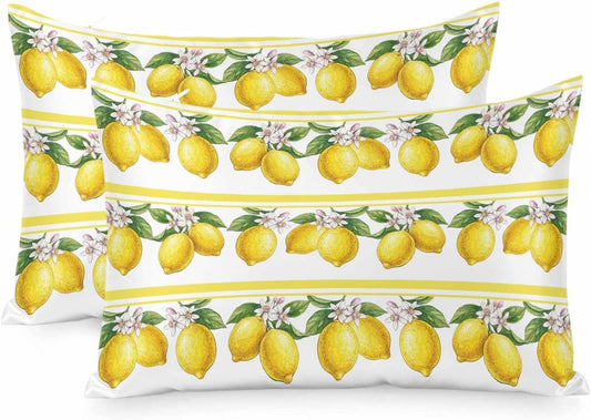 Lemon Summer Pillow Cases Standard Size Set of 2, Watercolor Fruits Yellow Stripes Satin Pillowcase with Zipper for Hair/Skin, Decorative Pillow Covers for Bed/Couch/Sofa, 20x26 Inches