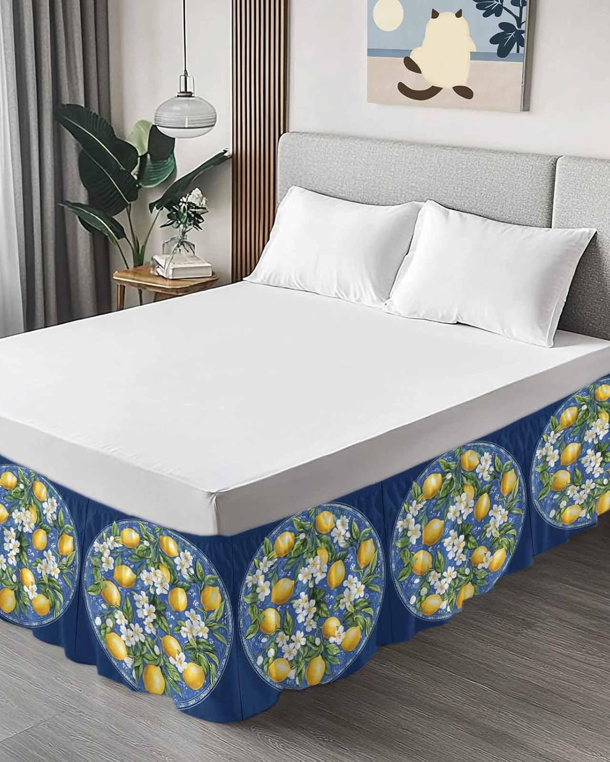 Bed Skirt Boho Summer Yellow Lemons Navy Blue Ruffle Bed Skirt Wrap Around Bed Skirts for Queen Beds 16" Drop,Adjustable Elastic Dust Ruffles Easy Fit and Wrinkle-Free
