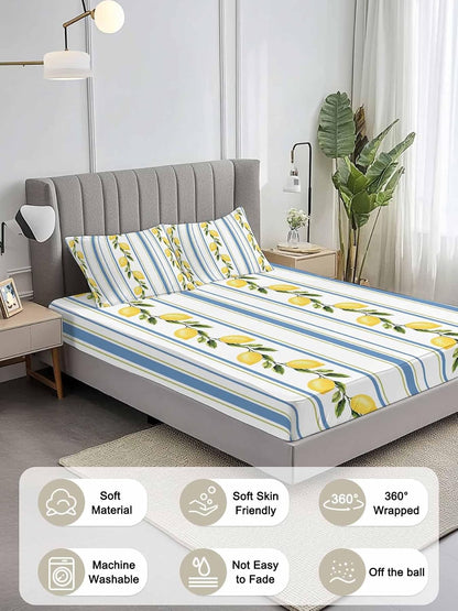 3 Pieces Twin XL Fitted Sheet Set, Summer Lemon Leaves Deep Pocket Up to 16", Blue Yellow Striped Soft Elastic Bed Sheets and Pillow Cases Secure Fit