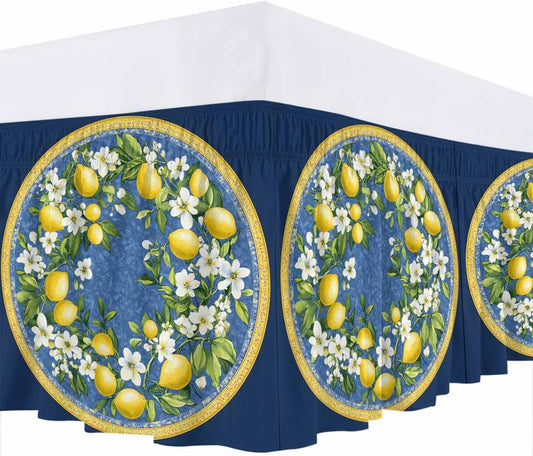 Bed Skirt Yellow Lemons Bohemian Summer Navy Blue Ruffle Bed Skirt Wrap Around Bed Skirts for Queen Beds 16" Drop,Adjustable Elastic Dust Ruffles Easy Fit and Wrinkle-Free