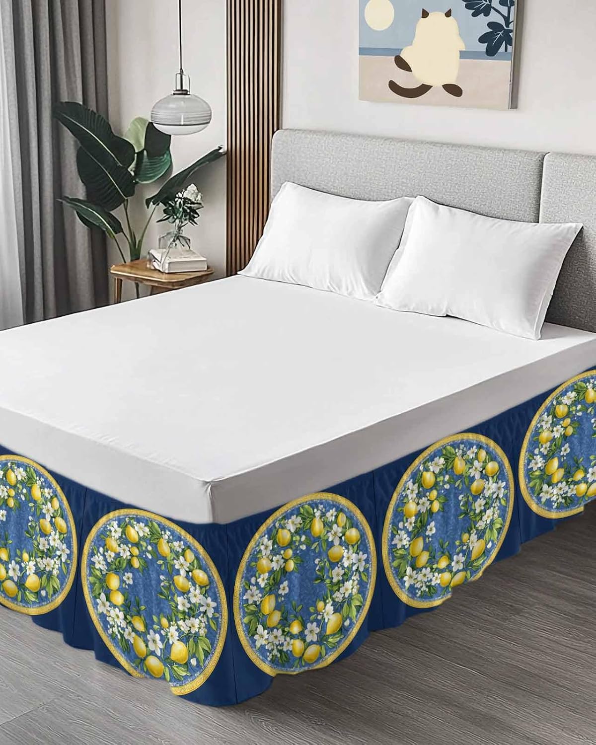 Bed Skirt Yellow Lemons Bohemian Summer Navy Blue Ruffle Bed Skirt Wrap Around Bed Skirts for Queen Beds 16" Drop,Adjustable Elastic Dust Ruffles Easy Fit and Wrinkle-Free