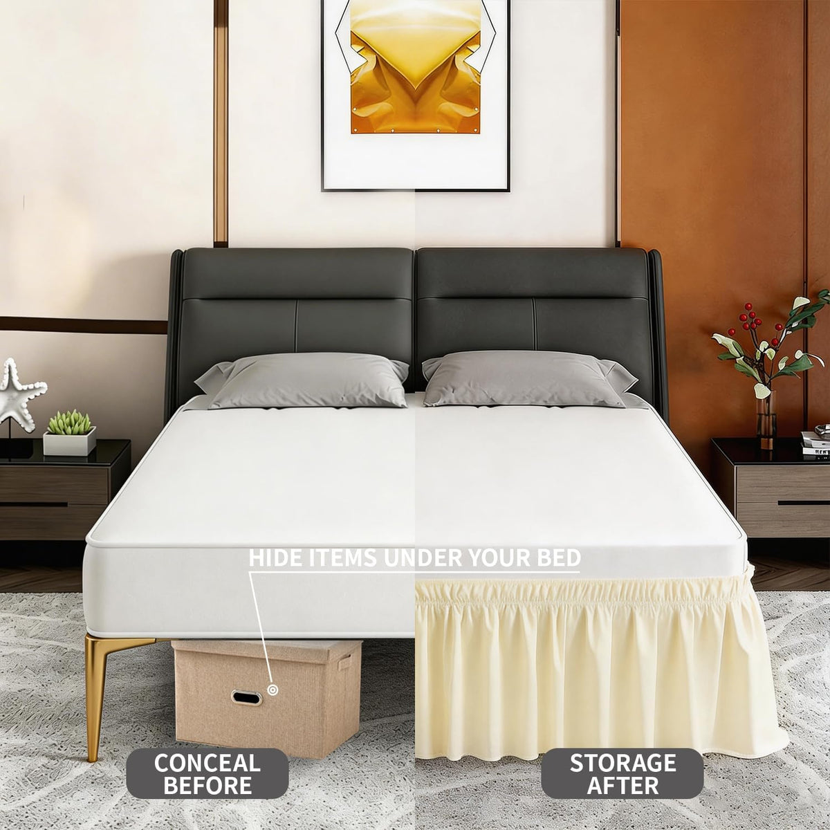 Queen Bed Skirt, Elastic Wrap Around Bed Skirt Queen Size, Bed Skirts for Adjustable Bed, Easy Fit with 14" Drop Length Tailored Drop Dust Ruffle (Light Yellow)