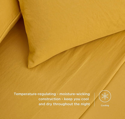 Soft Washed Queen Bed Sheet Set - 4-Piece Brushed Microfiber Wrinkle & Fade Resistant 14-Inches Deep Pocket Sheets & Pillowcases Set - Queen, Mustard Yellow