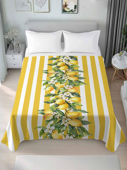 Twin Flat Sheet Only,Watercolor Summer Farm Lemon Leaves Top Sheet Breathable Soft Brushed Polyester Microfiber Bed Sheets,Yellow Stripe Hotel Luxury Bedding Sheets for Women,Men,Teens