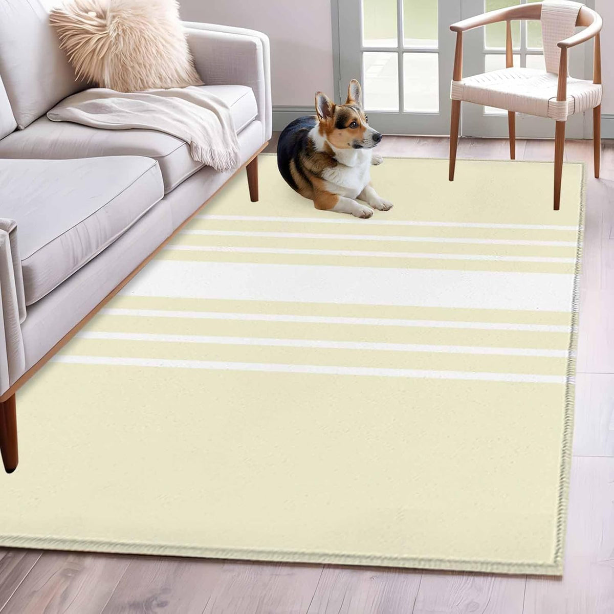 4x6 Abstract White Striped Area Rug for Bedroom Small Living Room, Washable Low Pile Non Slip Rug Modern Simple Yellow Background