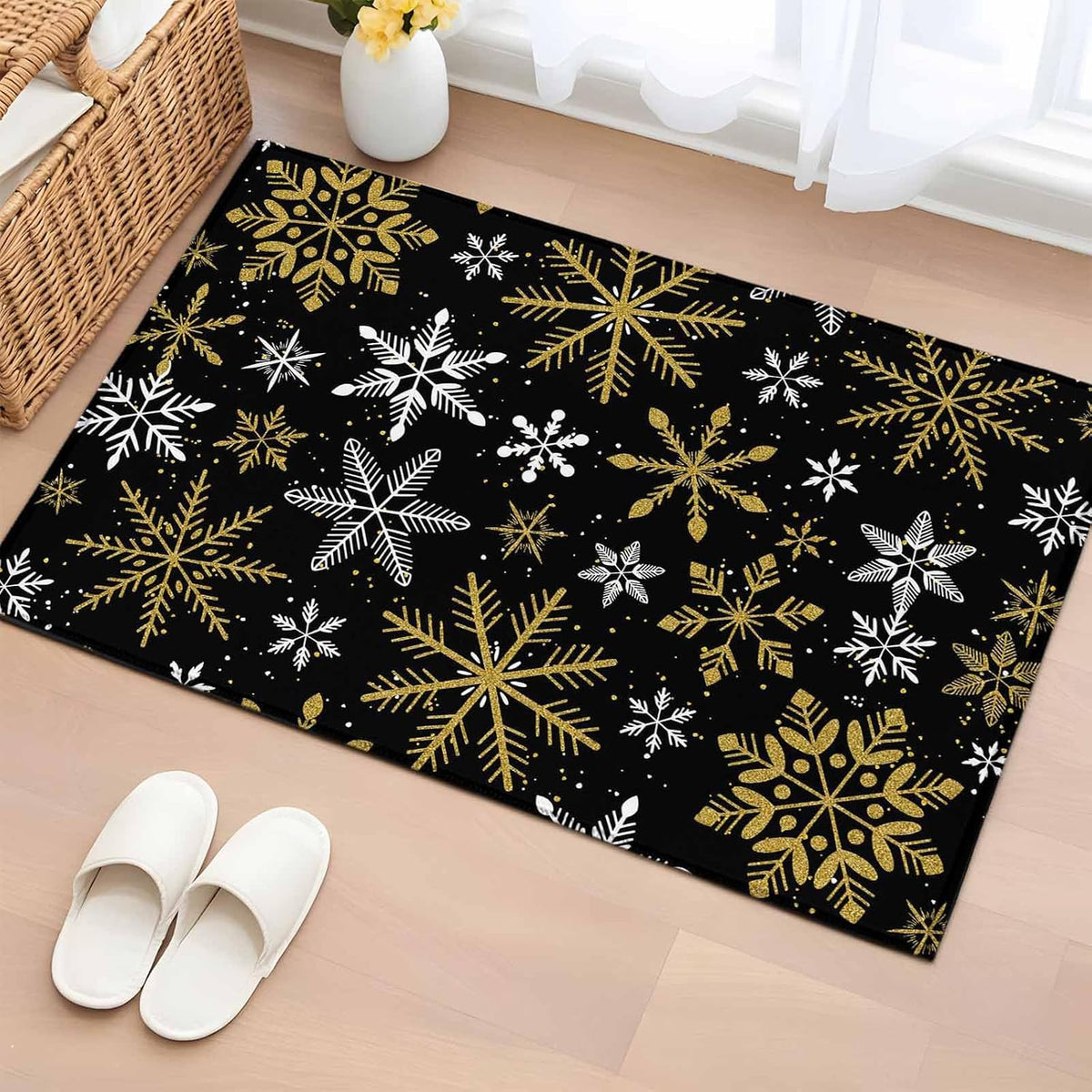 Winter Yellow Snowflake 2x3 Area Rugs for Living Room, Christmas White Snowflake Black Non Slip Floor Mat Washable Low-Profile Indoor Carpet for Bedroom, Dining Room, Bathroom