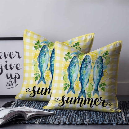 Summer Fish 2PCS Throw Pillow Covers for Couch Sofa Bed, Farmhouse Yellow Lemon Stripes Pillow Covers 18x18 inch, Standard Pillowcases Set Decorative Cushion Covers for Living Room Bedroom
