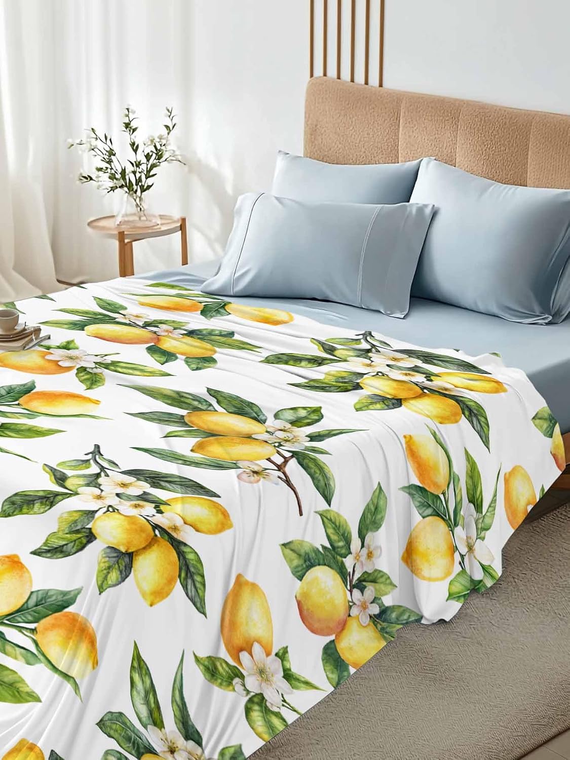 Twin Flat Sheet Only,Yellow Lemon Summer Green Leaves Top Sheet Breathable Soft Brushed Polyester Microfiber Bed Sheets,Blossom Floral Seamless Hotel Luxury Bedding Sheets for Women,Men,Teens