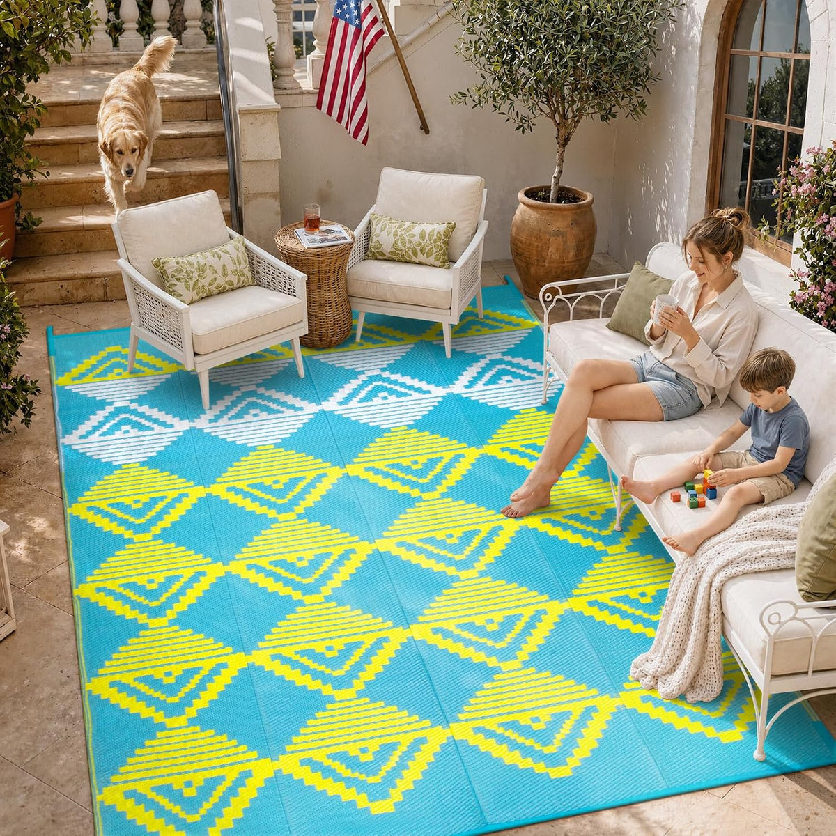 Waterproof Outdoor Rug 6x9 for Camping, Balcony & RV, Reversible Plastic Straw Outdoor Mat Blue Yellow